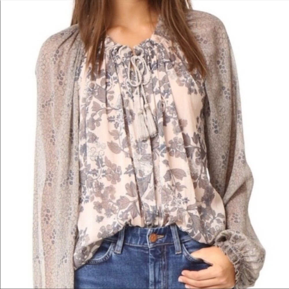 Free People Hendrix Sheer Printed Peasant Top Cream Sz XS Boho Whimsical Cottage